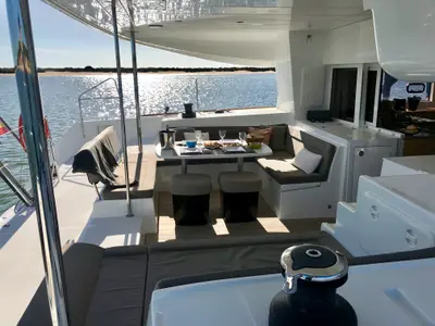 Deck of Oneno, a Lagoon 450 Fly catamaran at Sant Antoni de Portmany, Spain