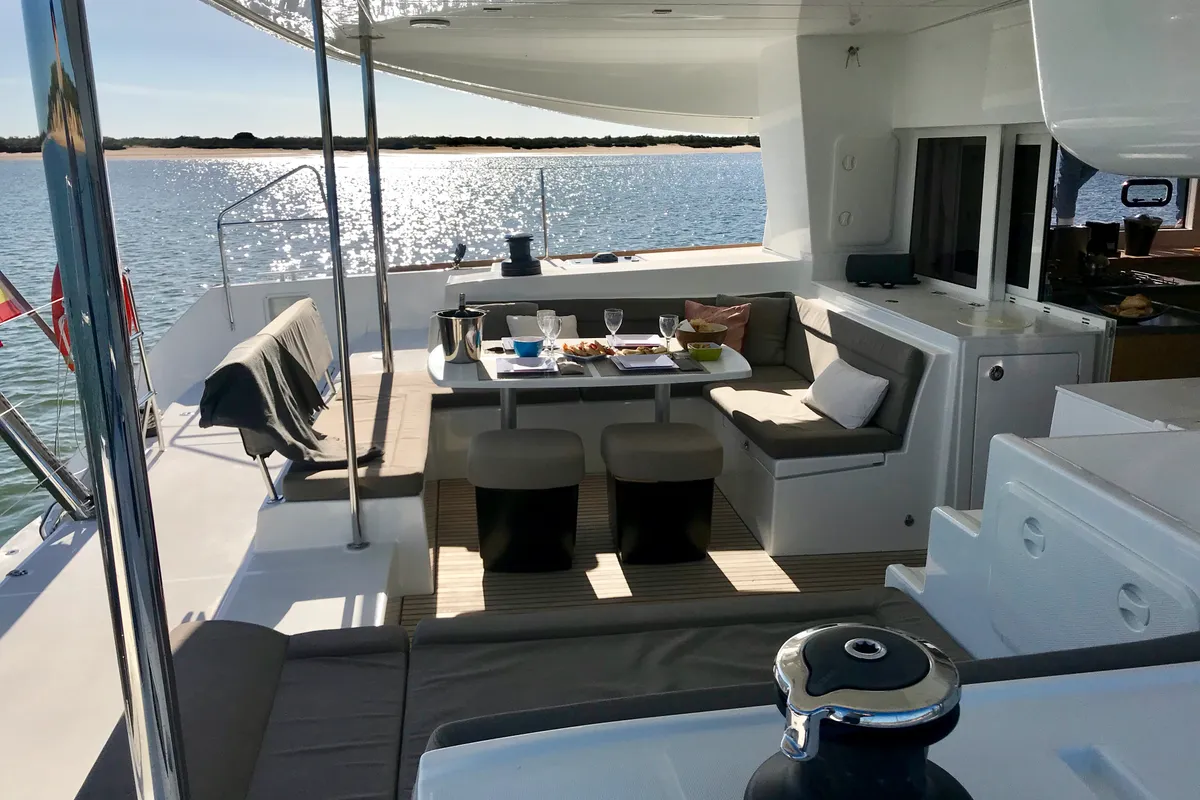 Deck of Oneno, a Lagoon 450 Fly catamaran at Sant Antoni de Portmany, Spain