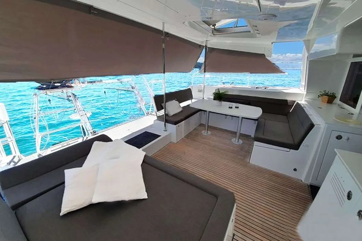 Deck of Oneno, a Lagoon 450 Fly catamaran at Sant Antoni de Portmany, Spain