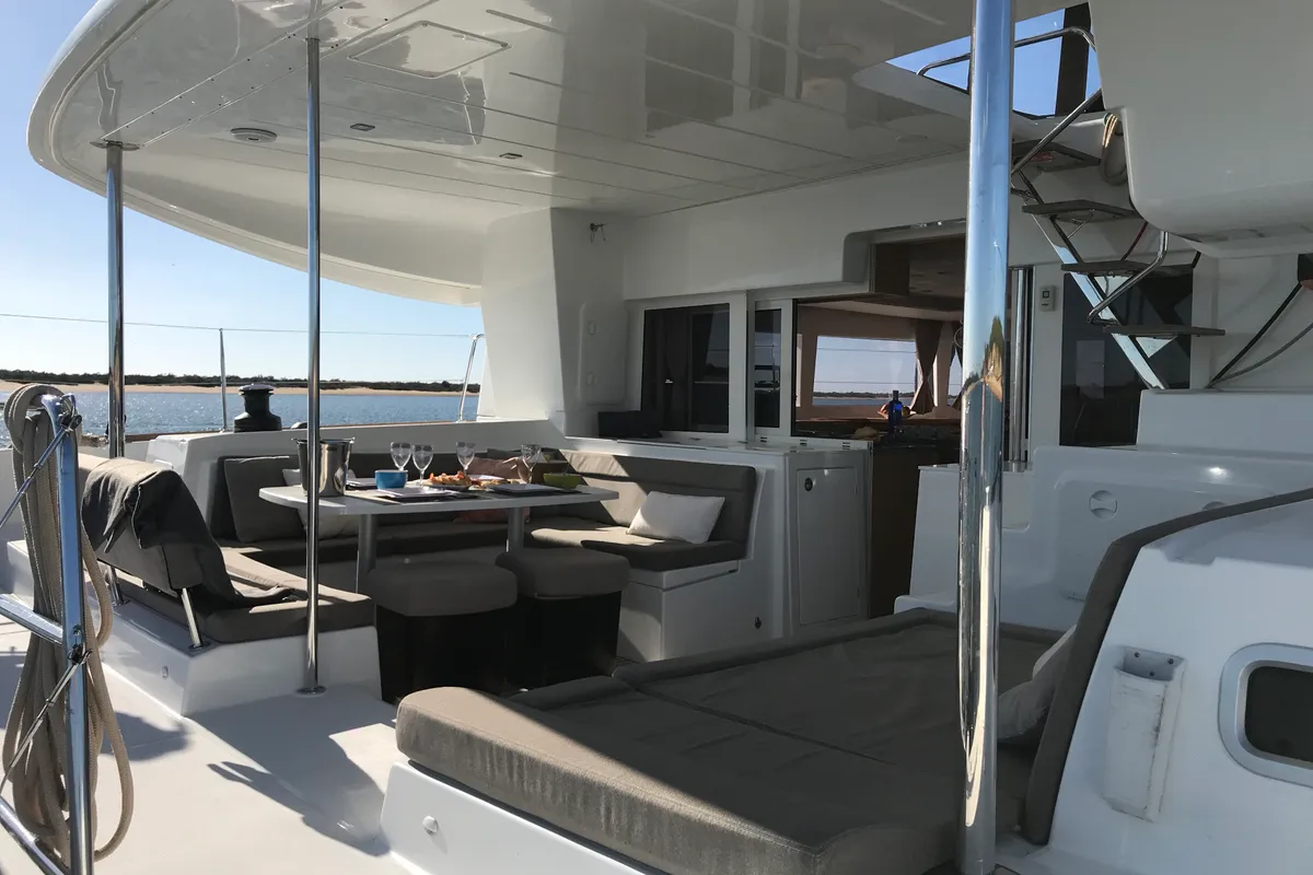 Deck of Oneno, a Lagoon 450 Fly catamaran at Sant Antoni de Portmany, Spain