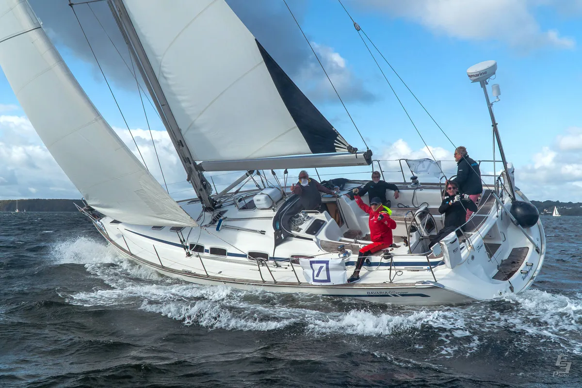 Exterior view of Foxi, a Bavaria 46 Cruiser sailboat at Heiligenhafen, Germany