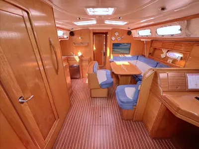 Salon of Foxi, a Bavaria 46 Cruiser sailboat at Heiligenhafen, Germany