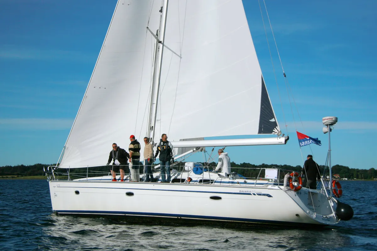 Exterior view of Foxi, a Bavaria 46 Cruiser sailboat at Heiligenhafen, Germany