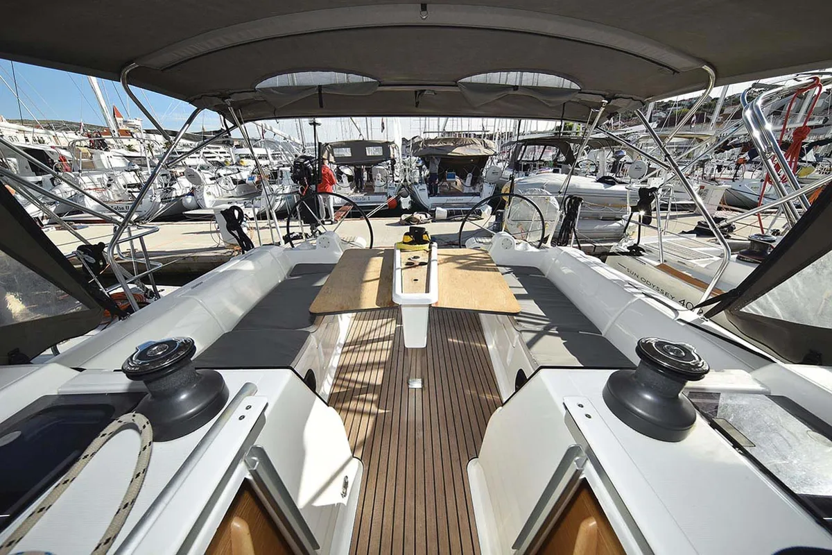 Deck of Alegria, a Dufour 382 GL sailboat at Grad Pula, Croatia
