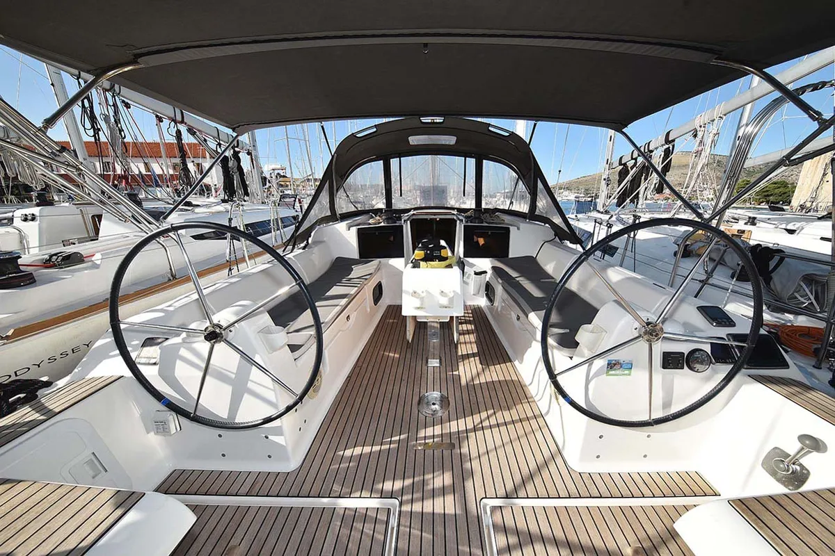 Cockpit of Alegria, a Dufour 382 GL sailboat at Grad Pula, Croatia
