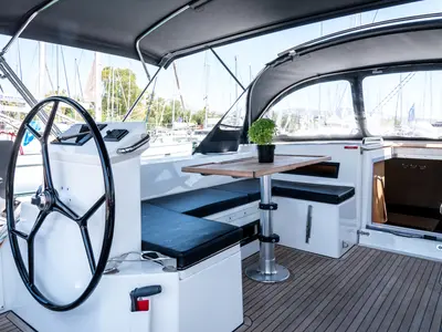 Cockpit of Amaltheia, a Bavaria C50 sailboat at Municipal Unit of Lefkada, Greece