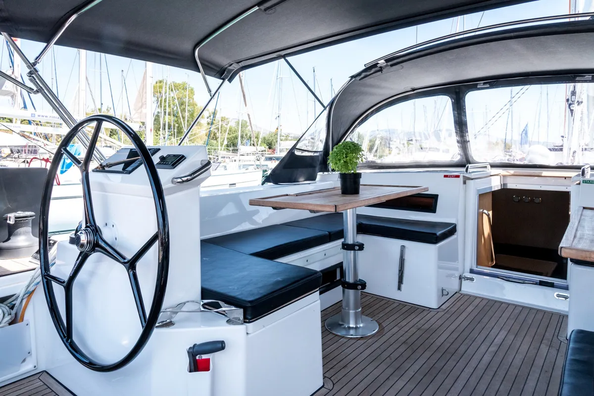 Cockpit of Amaltheia, a Bavaria C50 sailboat at Municipal Unit of Lefkada, Greece