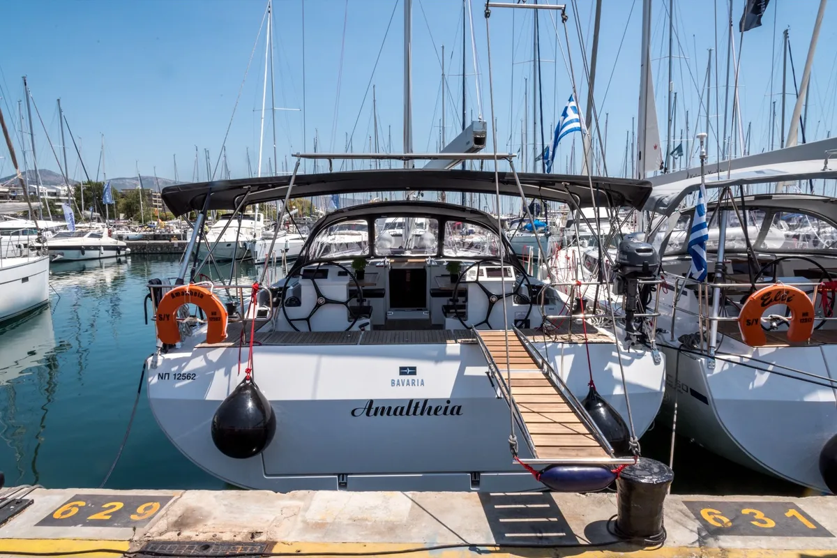 Exterior view of Amaltheia, a Bavaria C50 sailboat at Municipal Unit of Lefkada, Greece