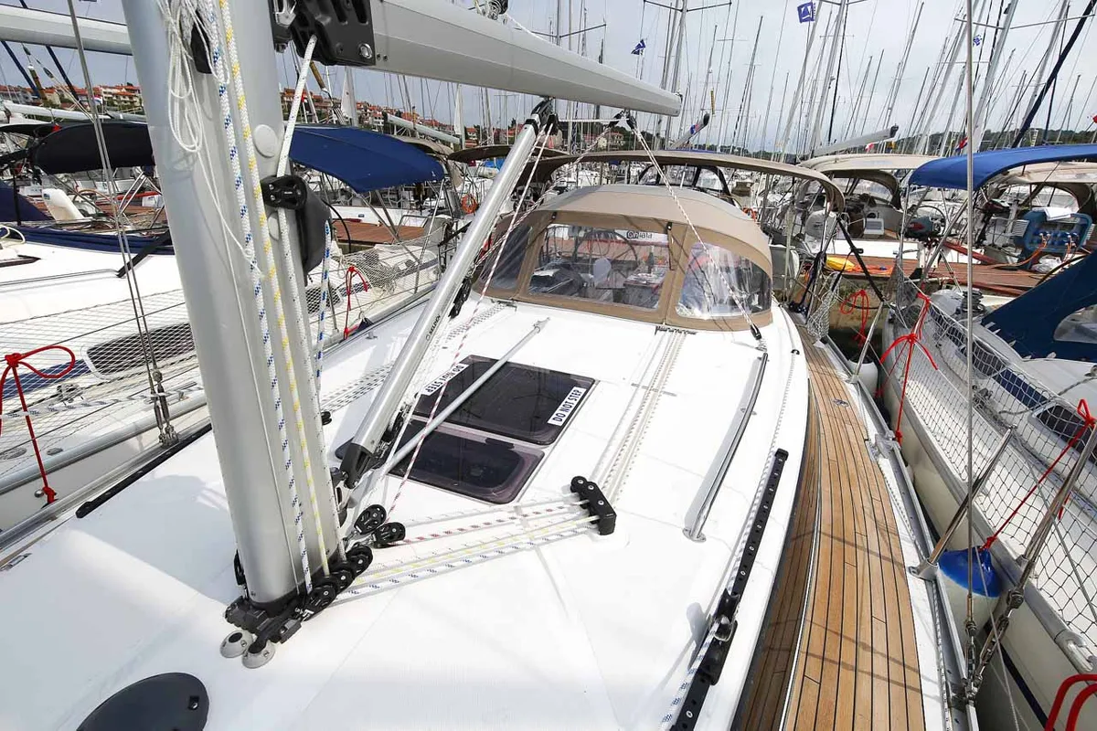 Deck of Chiara, a Bavaria Cruiser 34 sailboat at Grad Trogir, Croatia