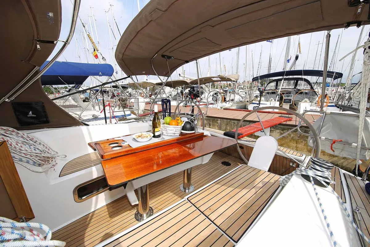 Cockpit of Chiara, a Bavaria Cruiser 34 sailboat at Grad Trogir, Croatia