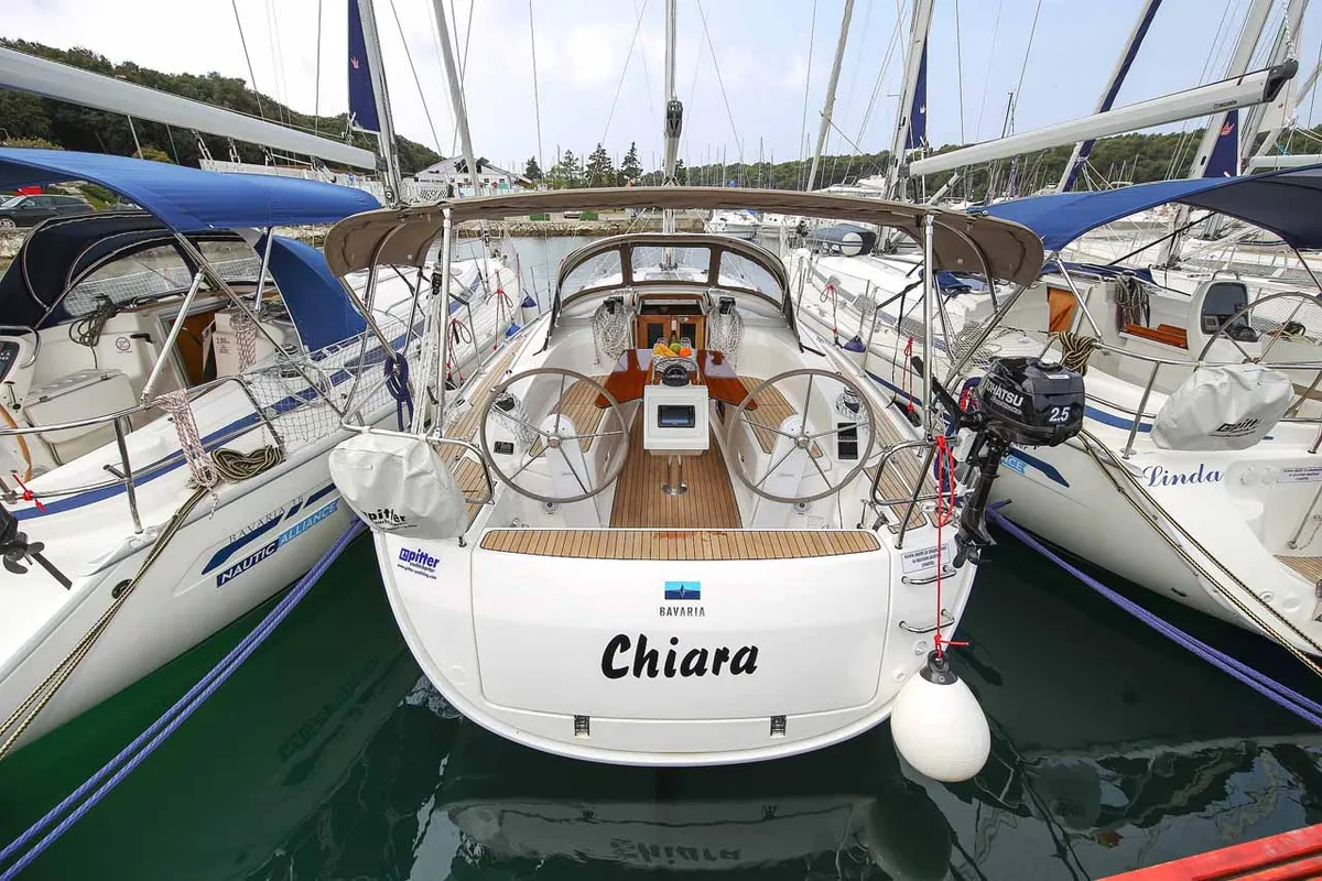 Exterior view of Chiara, a Bavaria Cruiser 34 sailboat at Grad Trogir, Croatia