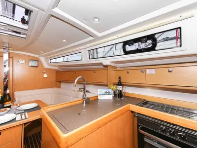 Galley of Chiara, a Bavaria Cruiser 34 sailboat at Grad Trogir, Croatia