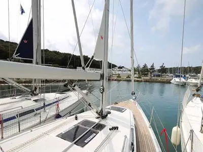 Deck of Chiara, a Bavaria Cruiser 34 sailboat at Grad Trogir, Croatia