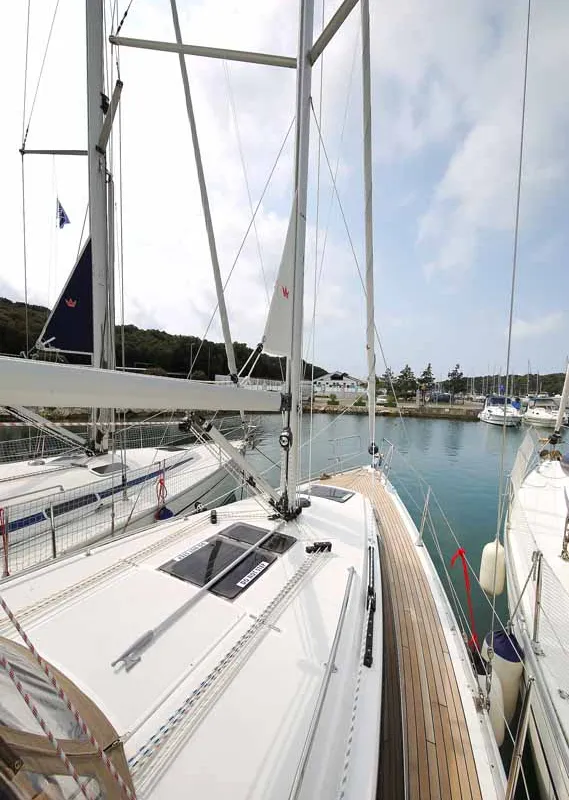 Deck of Chiara, a Bavaria Cruiser 34 sailboat at Grad Trogir, Croatia