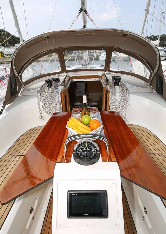 Cockpit of Chiara, a Bavaria Cruiser 34 sailboat at Grad Trogir, Croatia