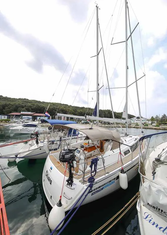 Exterior view of Chiara, a Bavaria Cruiser 34 sailboat at Grad Trogir, Croatia