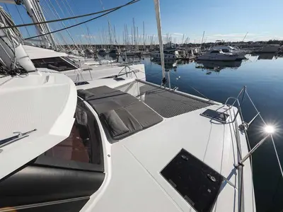 Deck of Orion, a Fountaine Pajot Isla 40 catamaran at Grad Biograd na Moru, Croatia