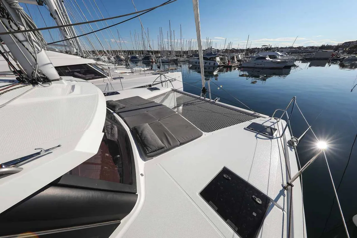 Deck of Orion, a Fountaine Pajot Isla 40 catamaran at Grad Biograd na Moru, Croatia