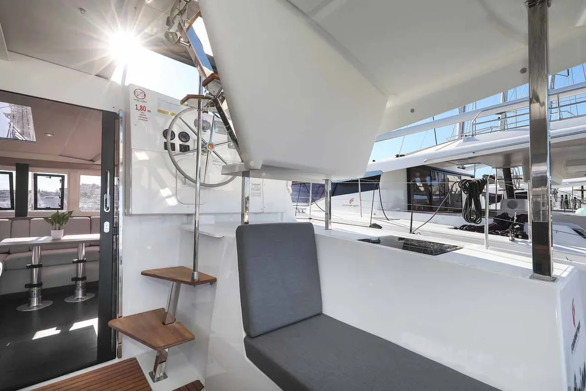Cockpit of Orion, a Fountaine Pajot Isla 40 catamaran at Grad Biograd na Moru, Croatia