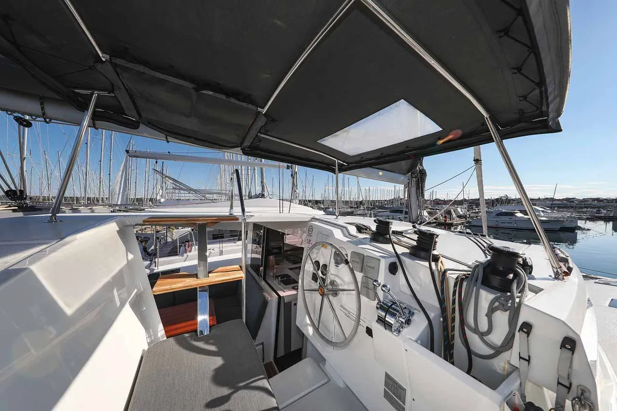 Cockpit of Orion, a Fountaine Pajot Isla 40 catamaran at Grad Biograd na Moru, Croatia
