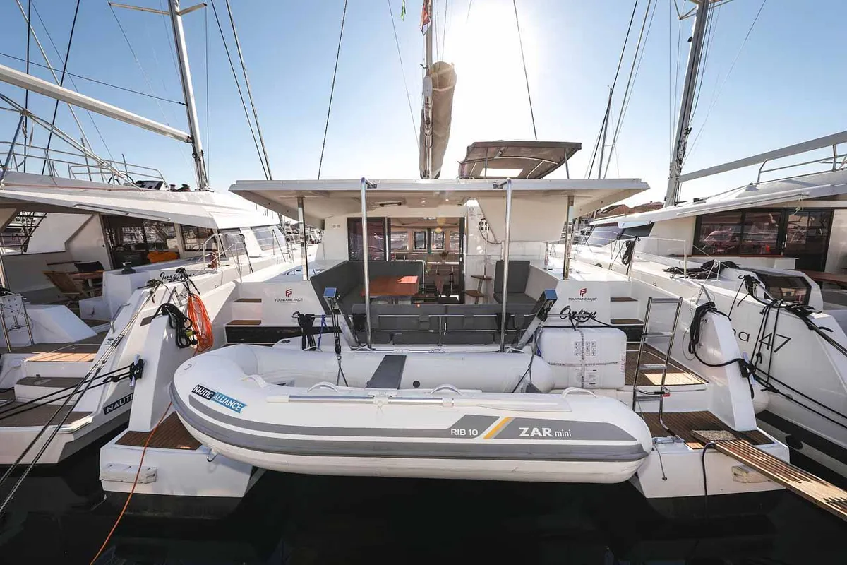 Exterior view of Orion, a Fountaine Pajot Isla 40 catamaran at Grad Biograd na Moru, Croatia