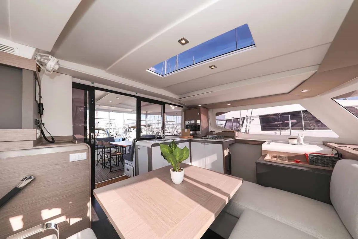 Salon of Orion, a Fountaine Pajot Isla 40 catamaran at Grad Biograd na Moru, Croatia