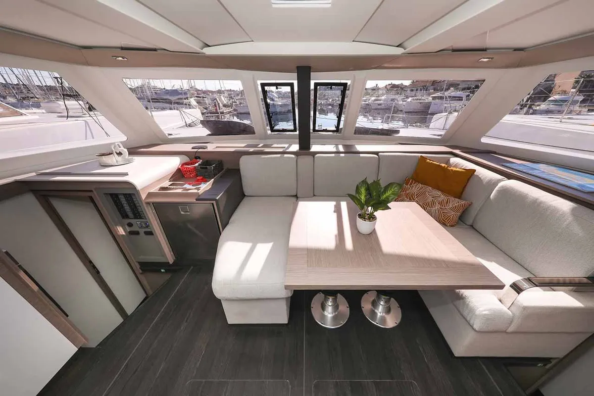Salon of Orion, a Fountaine Pajot Isla 40 catamaran at Grad Biograd na Moru, Croatia