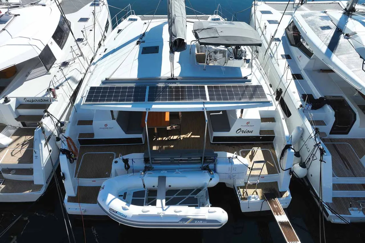 Exterior view of Orion, a Fountaine Pajot Isla 40 catamaran at Grad Biograd na Moru, Croatia