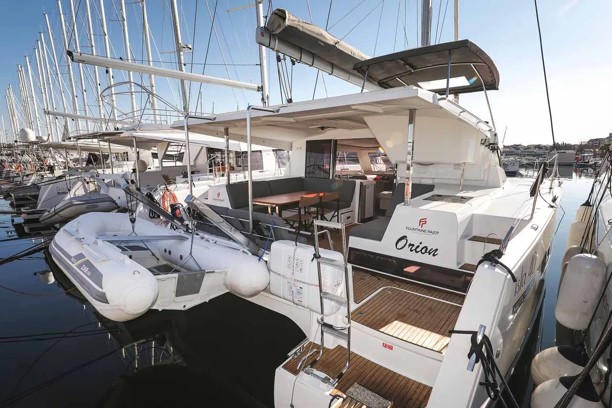 Exterior view of Orion, a Fountaine Pajot Isla 40 catamaran at Grad Biograd na Moru, Croatia