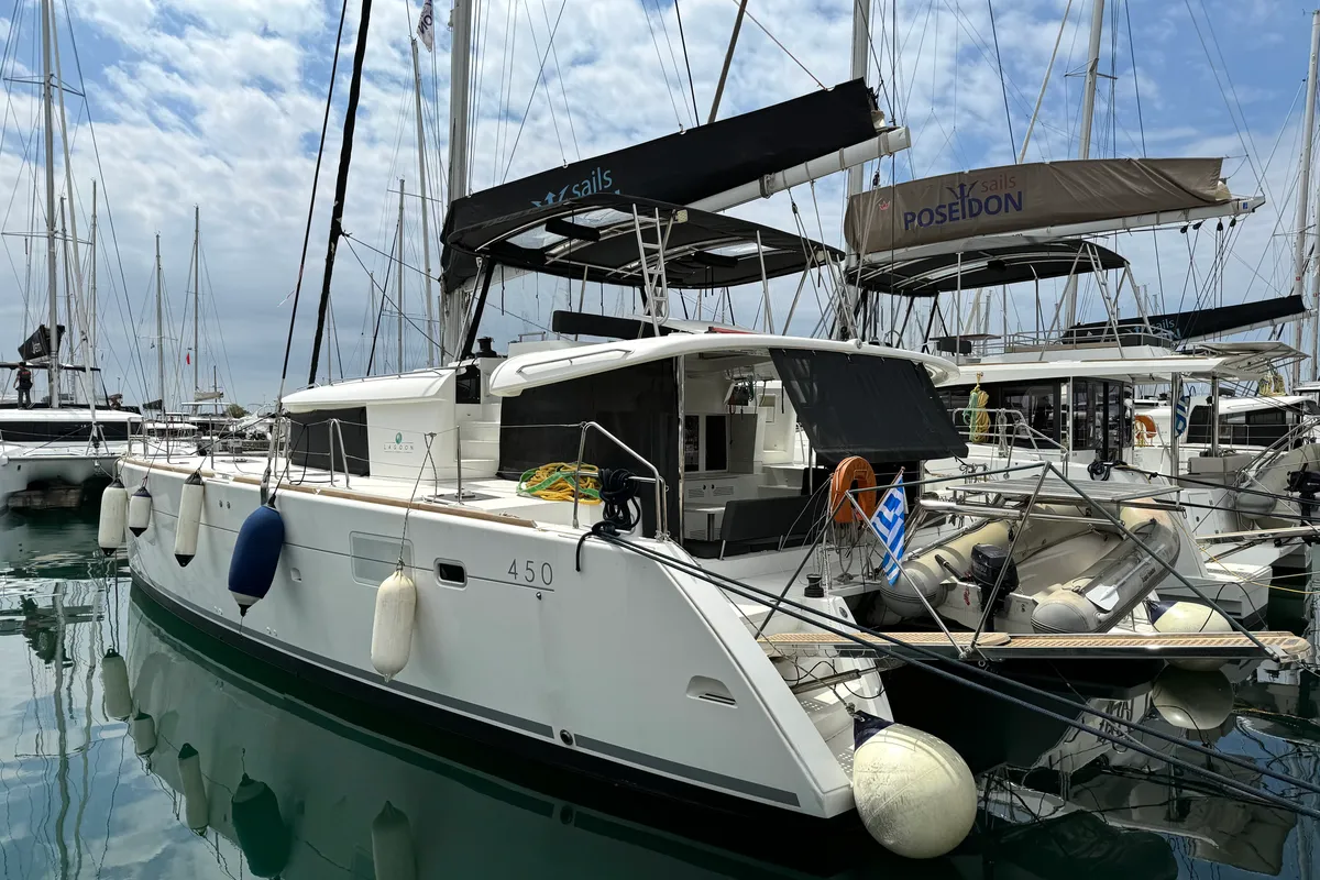 Exterior view of Dioni, a Lagoon 450 Fly catamaran at Athens, Greece