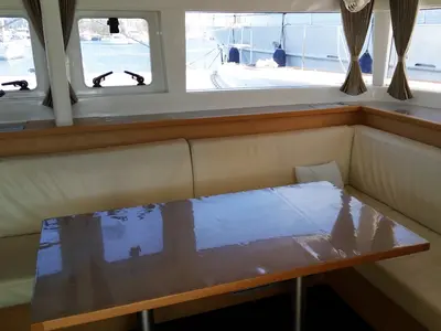 Salon of Dioni, a Lagoon 450 Fly catamaran at Athens, Greece
