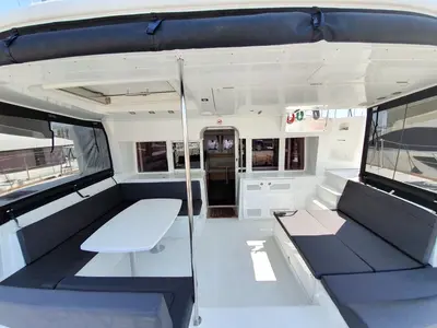 Deck of Dioni, a Lagoon 450 Fly catamaran at Athens, Greece