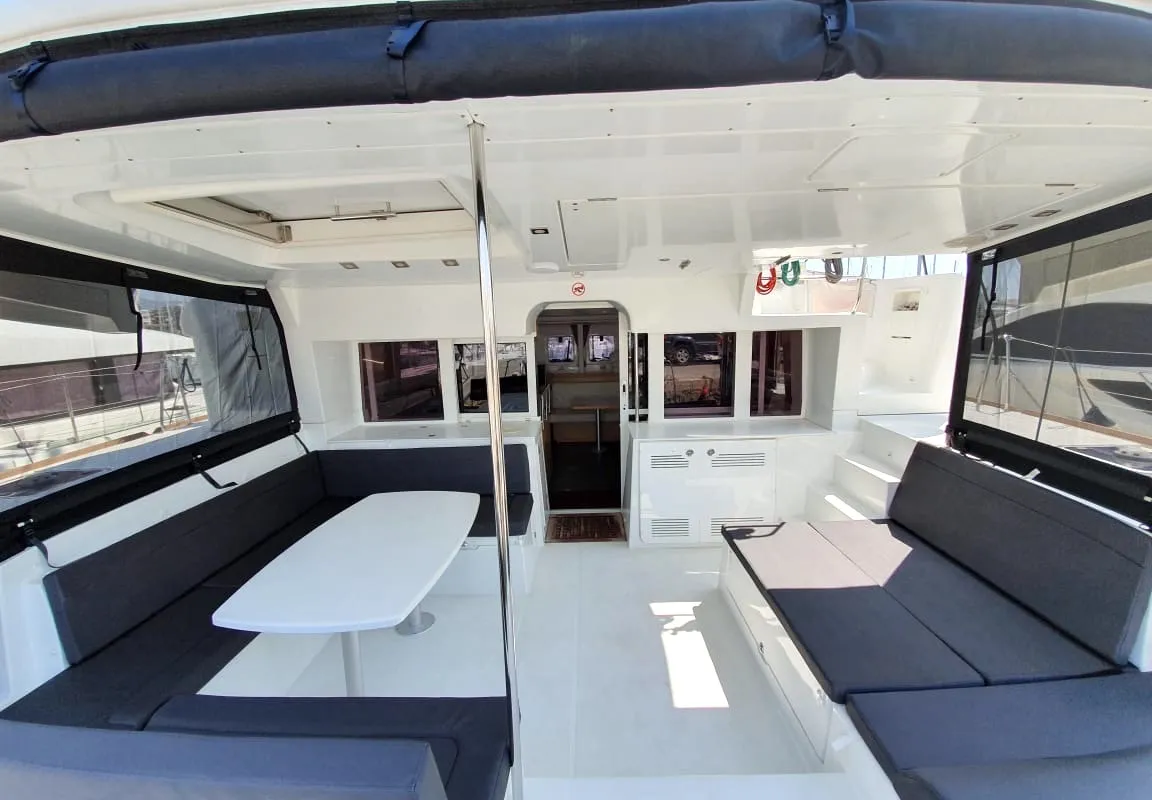 Deck of Dioni, a Lagoon 450 Fly catamaran at Athens, Greece