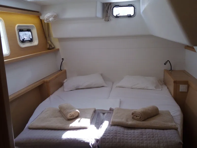 Cabin on Dioni, a Lagoon 450 Fly catamaran at Athens, Greece