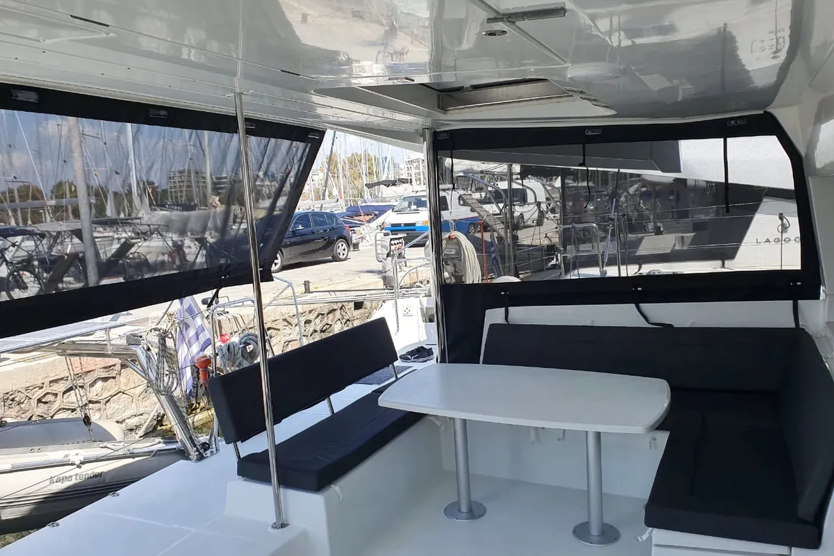 Deck of Dioni, a Lagoon 450 Fly catamaran at Athens, Greece