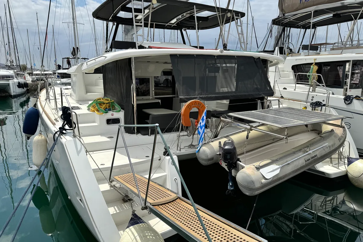 Exterior view of Dioni, a Lagoon 450 Fly catamaran at Athens, Greece