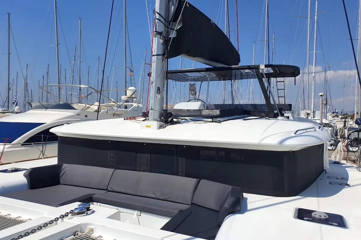 Deck of Dioni, a Lagoon 450 Fly catamaran at Athens, Greece
