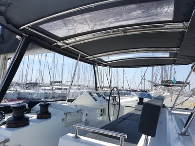 Cockpit of Dioni, a Lagoon 450 Fly catamaran at Athens, Greece