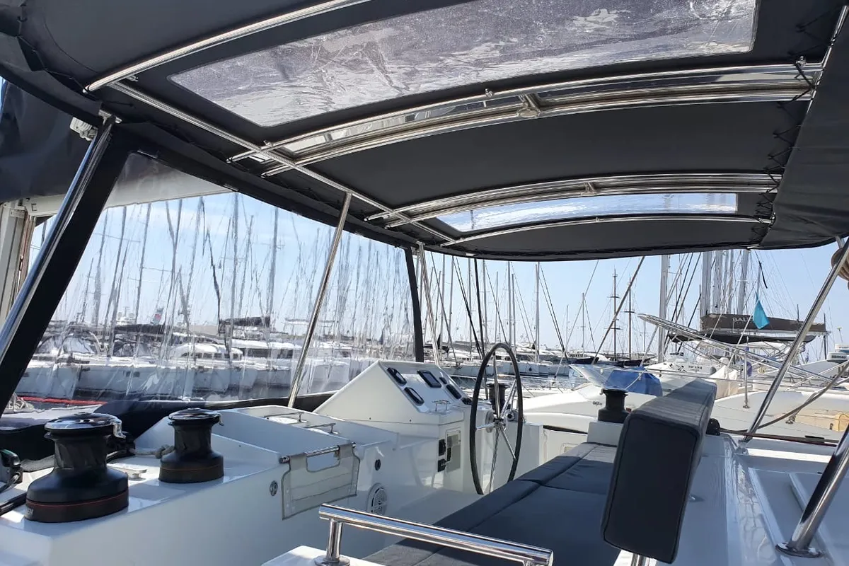 Cockpit of Dioni, a Lagoon 450 Fly catamaran at Athens, Greece