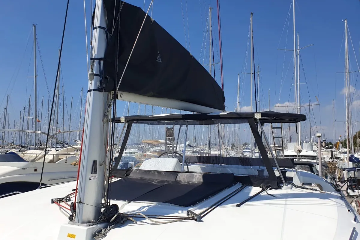 Deck of Dioni, a Lagoon 450 Fly catamaran at Athens, Greece