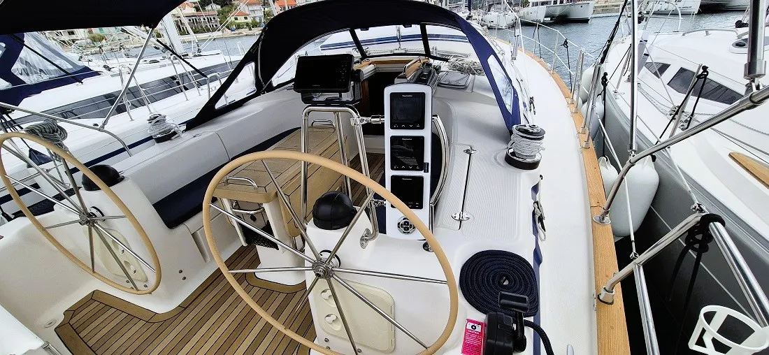 Cockpit of Flipper I, a Bavaria 44 sailboat at Jezera, Croatia
