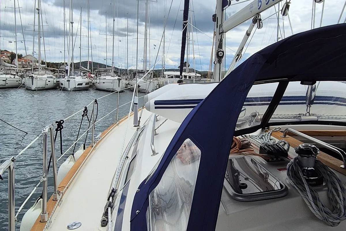 Deck of Flipper I, a Bavaria 44 sailboat at Jezera, Croatia