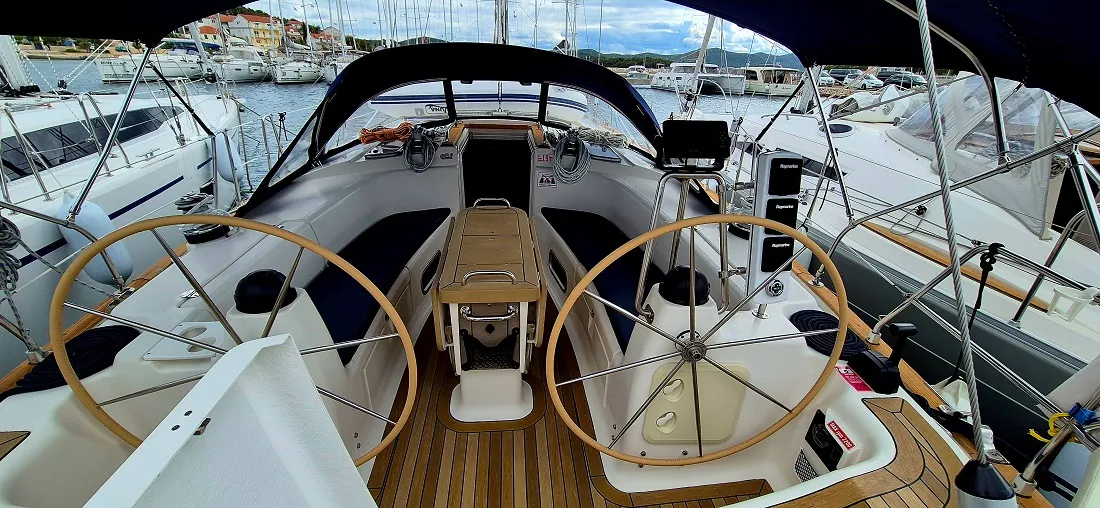 Deck of Flipper I, a Bavaria 44 sailboat at Jezera, Croatia