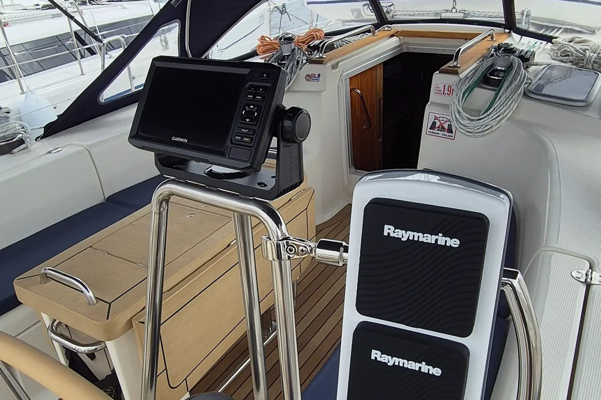 Cockpit of Flipper I, a Bavaria 44 sailboat at Jezera, Croatia