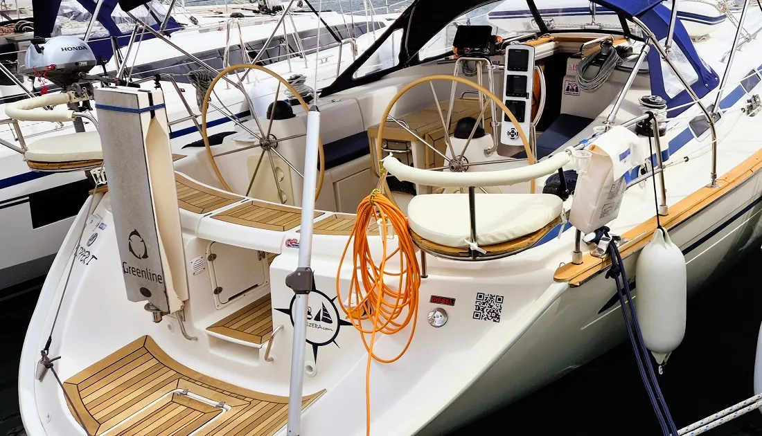 Exterior view of Flipper I, a Bavaria 44 sailboat at Jezera, Croatia