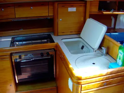 Galley of CATHERINE, a Bavaria 33 Cruiser sailboat at Grad Trogir, Croatia