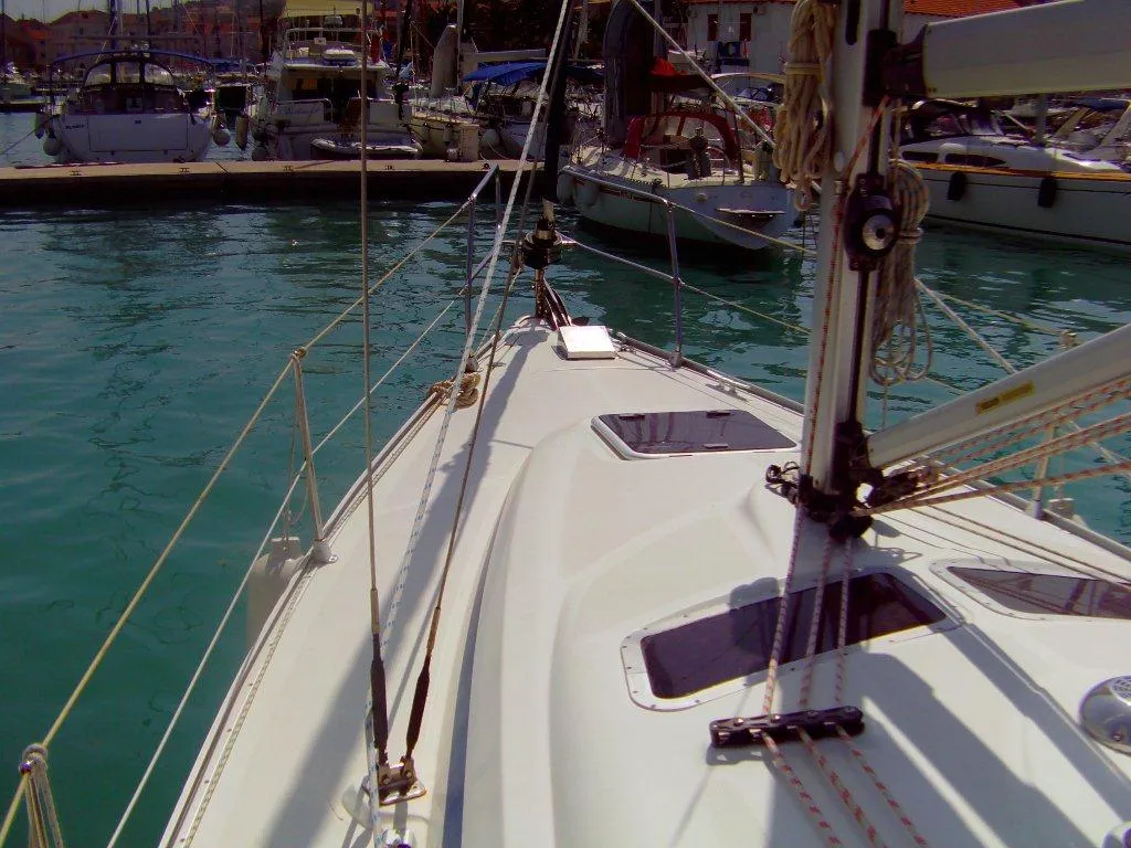 Deck of CATHERINE, a Bavaria 33 Cruiser sailboat at Grad Trogir, Croatia