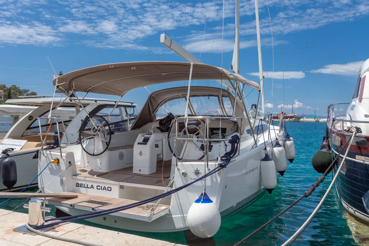 Exterior view of Bella Ciao, a Jeanneau Sun Odyssey 410 sailboat at Split, Croatia