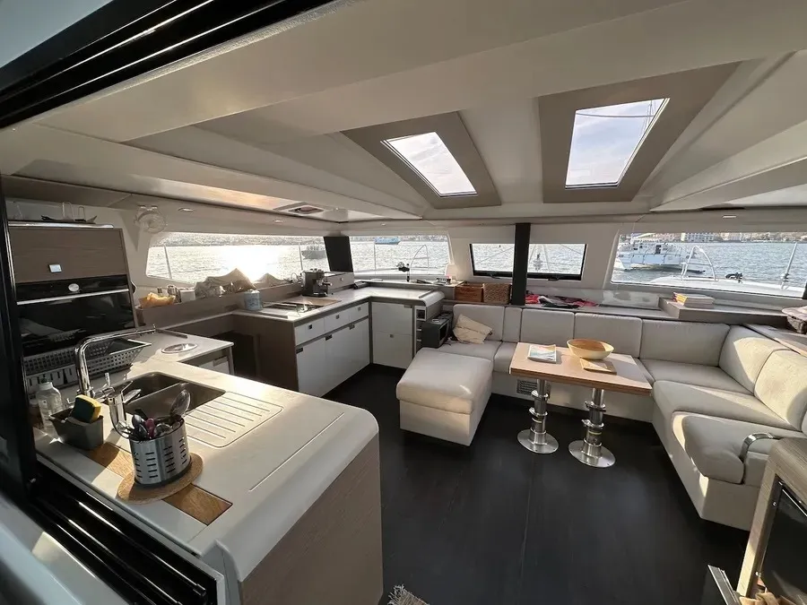 Salon of Marlea II, a Fountaine Pajot Elba 45 catamaran at Cogolin, France