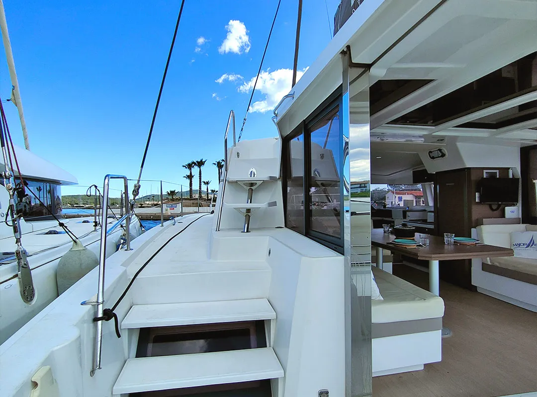 Deck of Poseidon, a Bali 4.1 catamaran at Grimaud, France